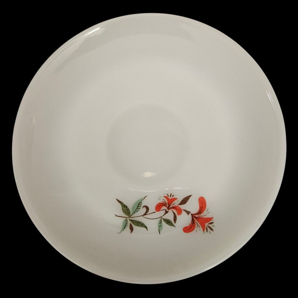Vintage Fire-King Floral Milk Glass Saucers Set of 4 Orange Red Flowers